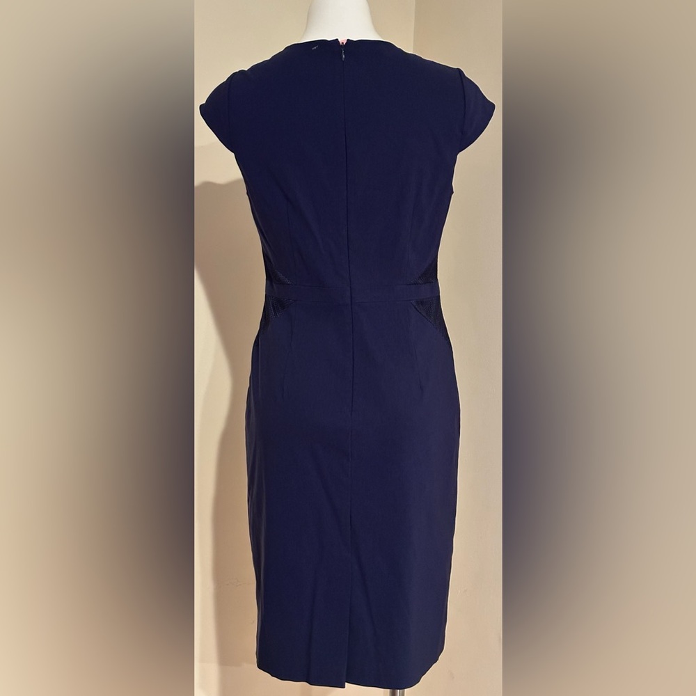 BLACK SAKS FITH AVANUE Blue Sheath Dress Square Neck Cap Sleeve Net Bodice Sz 10 - Picture 3 of 16